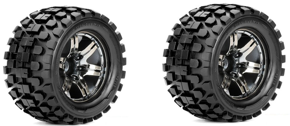 Roapex Rhythm 1/10 Monster Truck Tires Mounted on Chrome Black Wheels 12mm Hex image 0