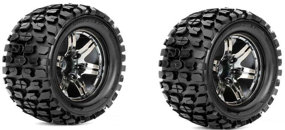 Roapex Tracker 1/10 Monster Truck Tires Mounted on Chrome Black Wheels 12mm Hex image 0