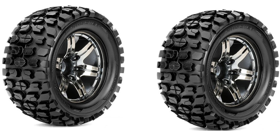 Roapex Tracker 1/10 Monster Truck Tires Mounted on Chrome Black Wheels 12mm Hex image 0