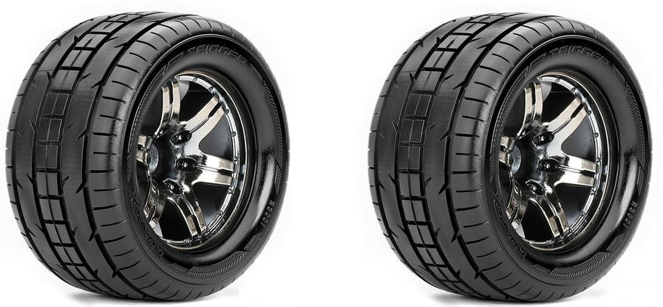 Roapex Trigger 1/10 Monster Truck Tires Mounted on Chrome Black Wheels 12mm Hex image 0