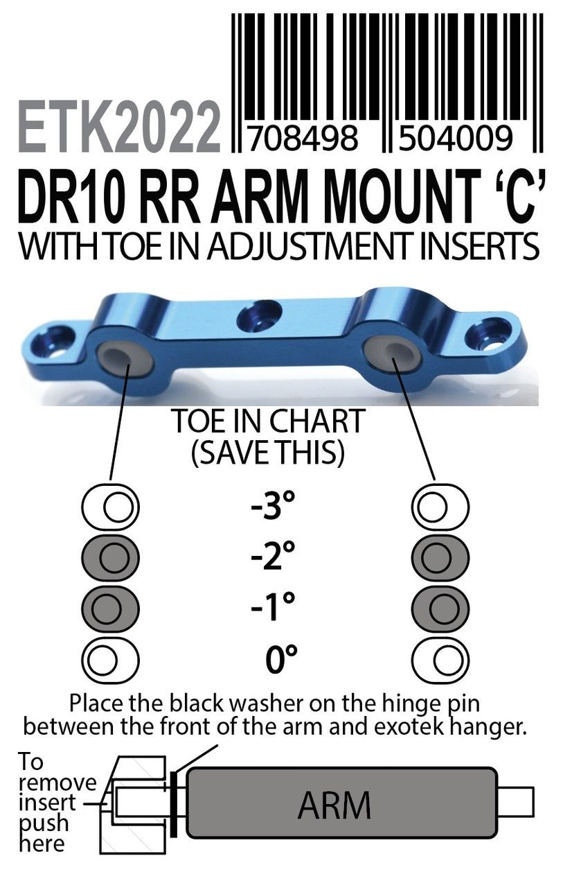 Exotek Associated DR10 Rear Arm C Mount 0°, -1°, -2°,- 3° Toe Inserts 2022 image 1