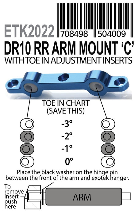 Exotek Associated DR10 Rear Arm C Mount 0°, -1°, -2°,- 3° Toe Inserts 2022 image 1
