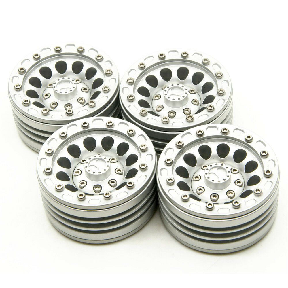 1.9 Metal Silver Beadlock 4pc Wheel Rim Axial SCX10 CC01 D90 D110 90046 Tamiya image 0