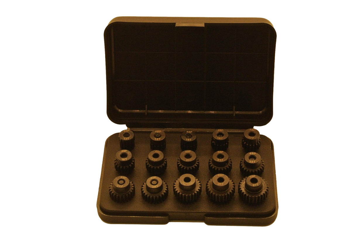 Set of 15 Hardened Steel 48p Pinion Gears (13t to 27t) in a FREE case image 0