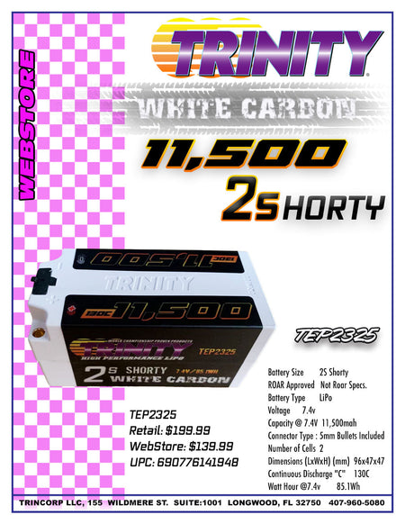 Trinity White Carbon Fat Shorty 11,500mah 2s 130c Lipo Battery 7.4v TRI-1040 image 1