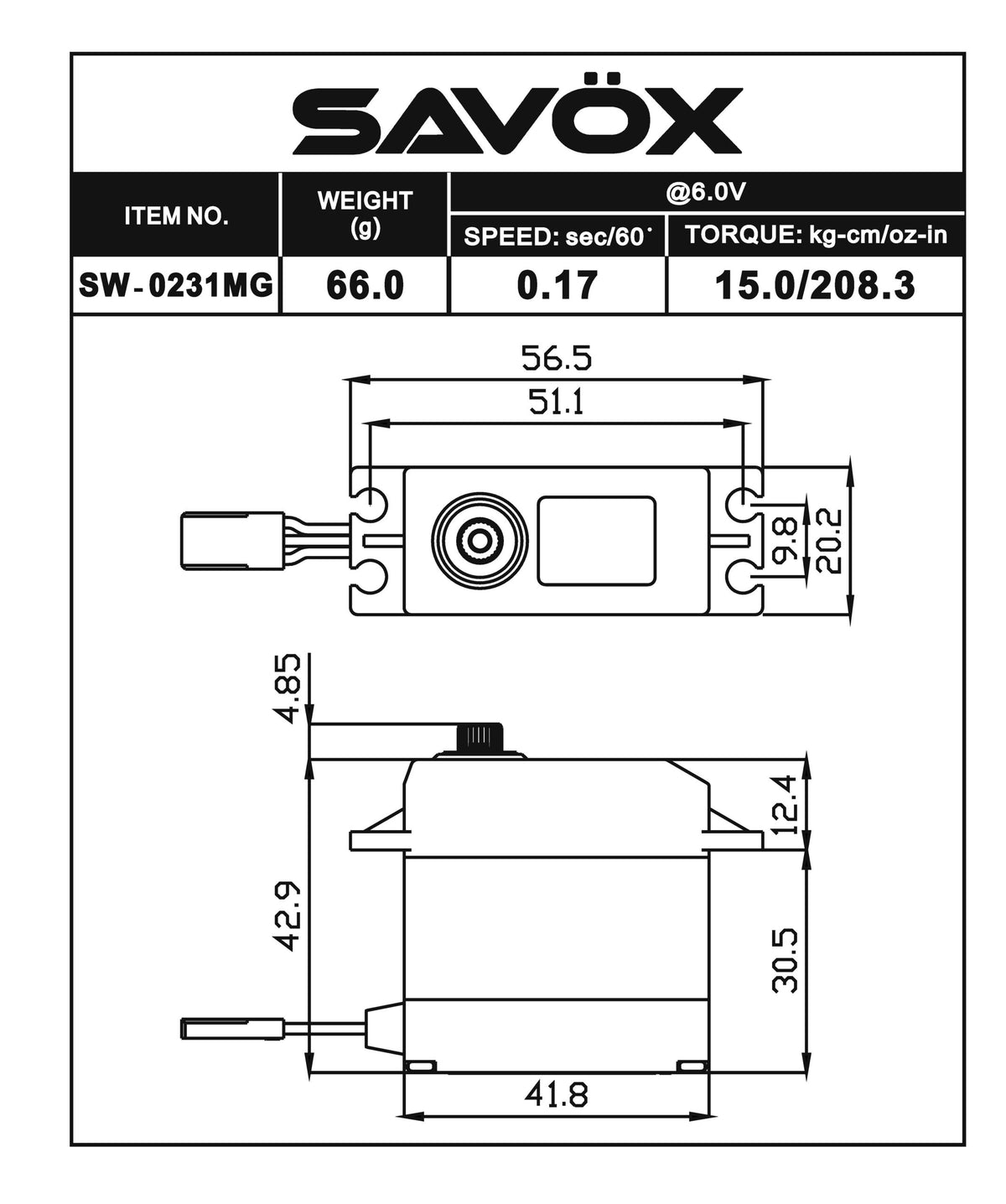 Savox SW-0231MG Plus Waterproof High Torque STD Digital Servo w/Free Horn image 1