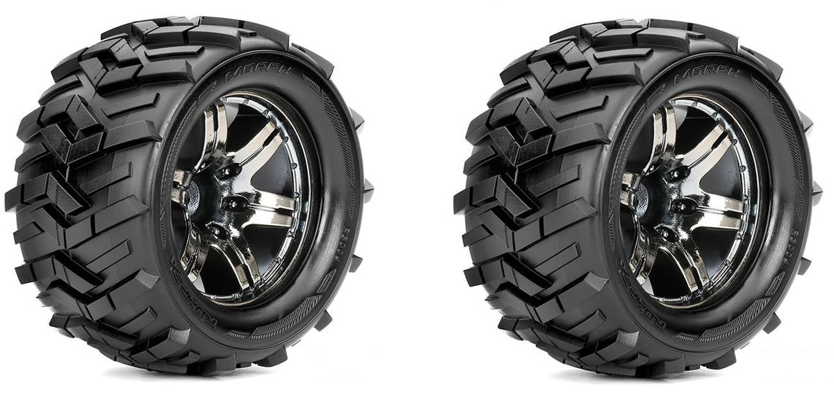 Roapex Morph 1/10 Monster Truck Tires Mounted on Chrome Wheels 12mm Hex image 0