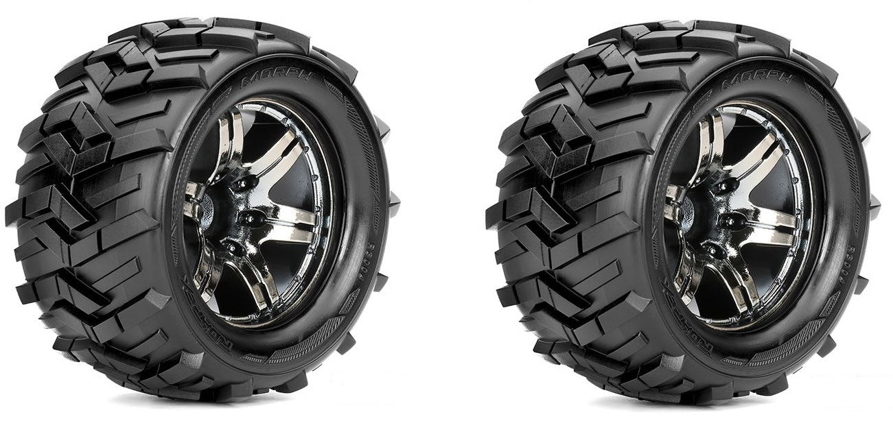 Roapex Morph 1/10 Monster Truck Tires Mounted on Chrome Wheels 12mm Hex image 0