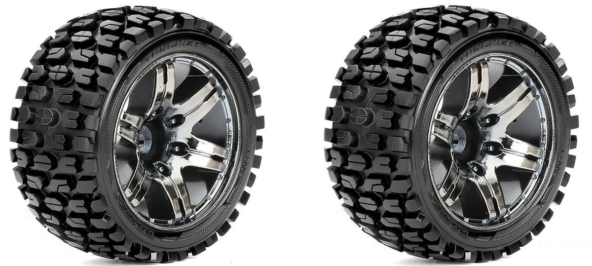 Roapex Tracker 1/10 Stadium Truck Tires Mounted Chrome Black Wheels 12mm Hex image 0