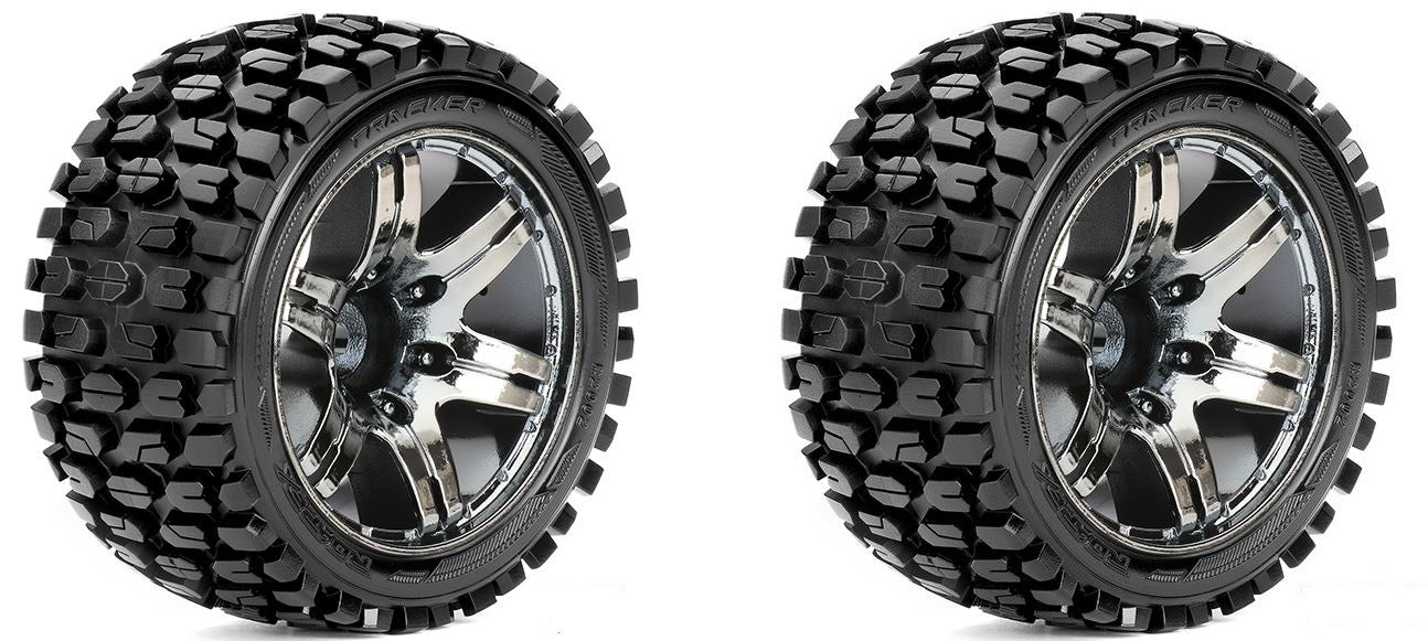 Roapex Tracker 1/10 Stadium Truck Tires Mounted Chrome Black Wheels 12mm Hex image 0