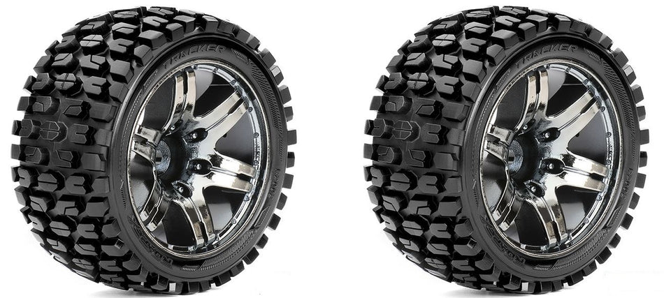 Roapex Tracker 1/10 Stadium Truck Tires Mounted Chrome Black Wheels 12mm Hex image 0
