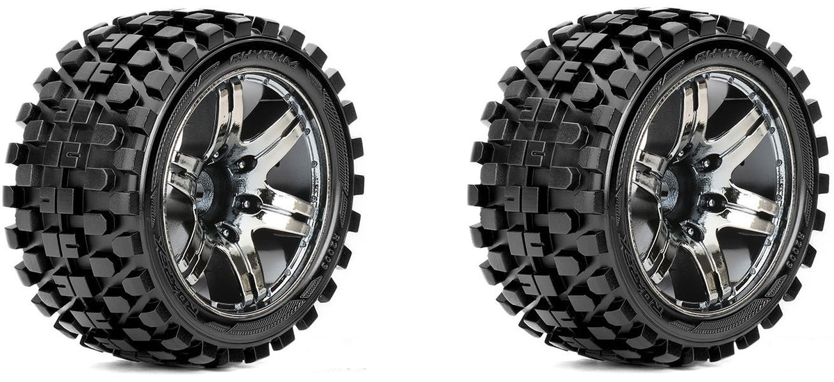 Roapex Rhythm 1/10 Stadium Truck Tires Mounted on Chrome Black Wheels 12mm Hex image 0