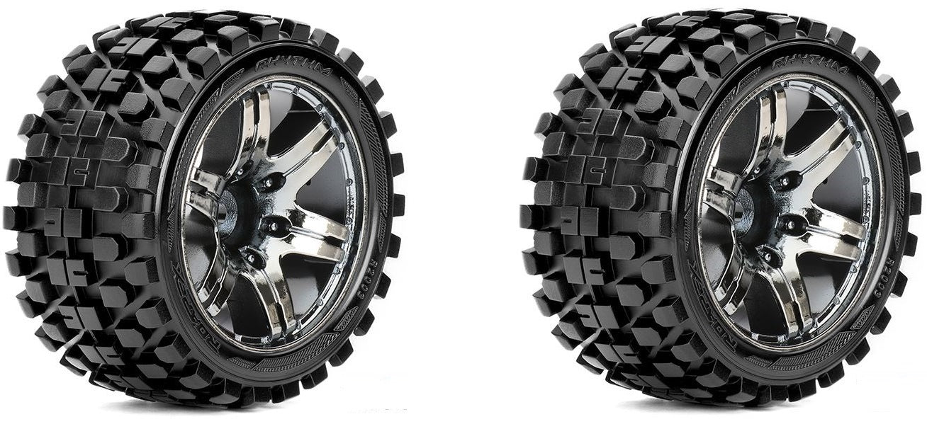 Roapex Rhythm 1/10 Stadium Truck Tires Mounted on Chrome Black Wheels 12mm Hex image 0