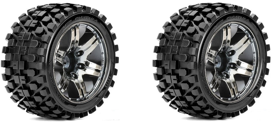 Roapex Rhythm 1/10 Stadium Truck Tires Mounted on Chrome Black Wheels 12mm Hex image 0