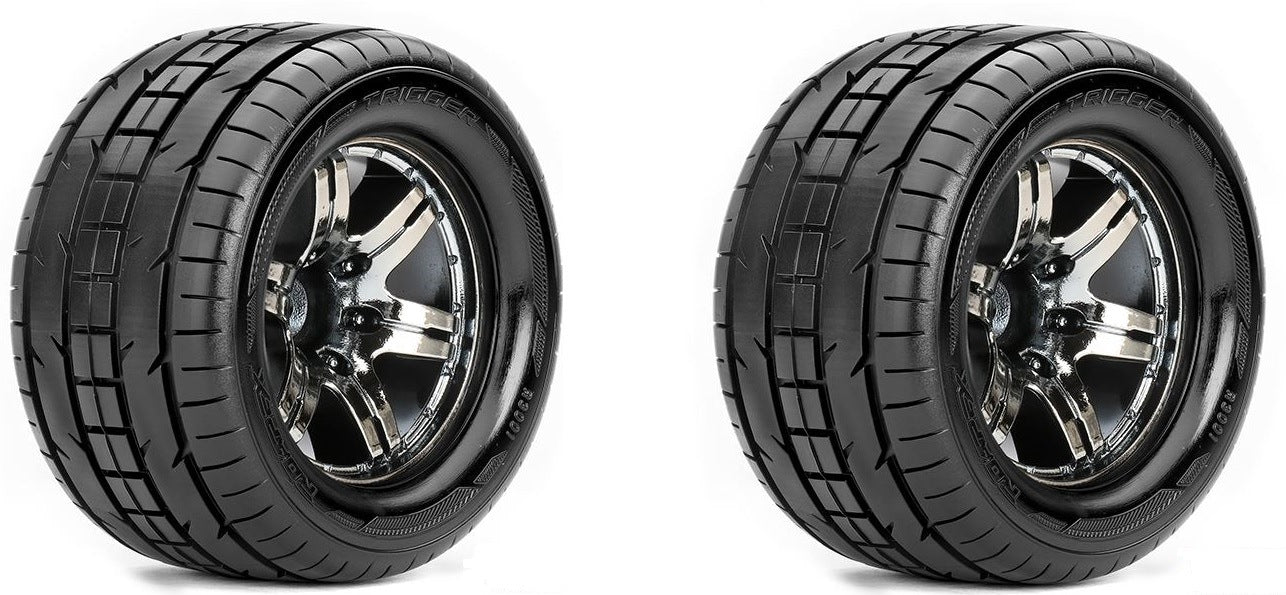 Roapex Trigger 1/10 Monster Truck Tires Mounted on Chrome Black Wheels 12mm Hex image 0