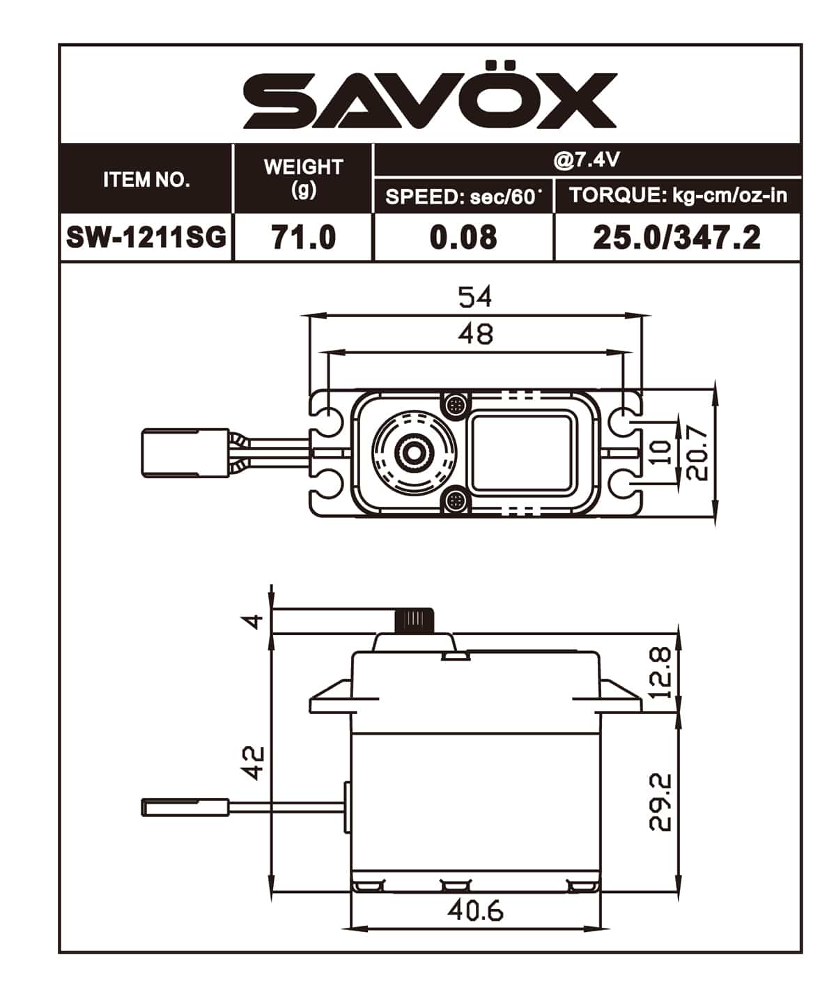 Savox SW1211SG-BE Black Edition Waterproof High Speed Servo + 25t Horn image 1